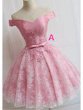 Off the Shoulder Lace up Lace Applique Dusty Rose Short Prom Dresses Homecoming Dresses PH759