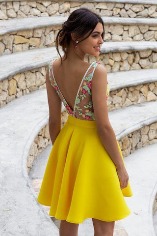 products/Yellow_Floral_Satin_Illusion_Back_Daffodil_V_Neck_Homecoming_Dresses_Short_Cocktail_Dresses_H1338-1.jpg