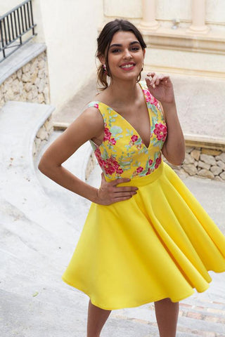 products/Yellow_Floral_Satin_Illusion_Back_Daffodil_V_Neck_Homecoming_Dresses_Short_Cocktail_Dresses_H1338.jpg
