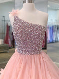 Chic Ball Gown One-shoulder Beading Long Prom Dresses Evening Dresses