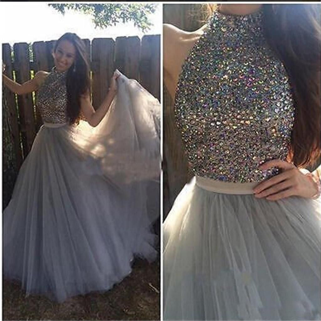 Gray Long High Neck Sparkly Cocktail Prom Dress