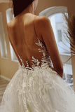 A Line Sheer Neck Tulle Wedding Dresses with Appliques N069
