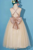 Princess Gold Sequin Shiny Round Neck Flower Girl Dress with Bowknot Baby Dress FG1022