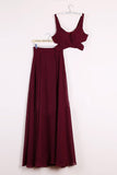 Elegant Two Pieces A-line V Neck Floor-length Burgundy Chiffon Cheap Prom Dresses uk PH671