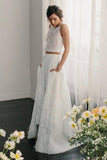 Two Piece Crew Sleeveless Sweep Train Open Back Ivory Lace Cheap Wedding Dresses uk PW206