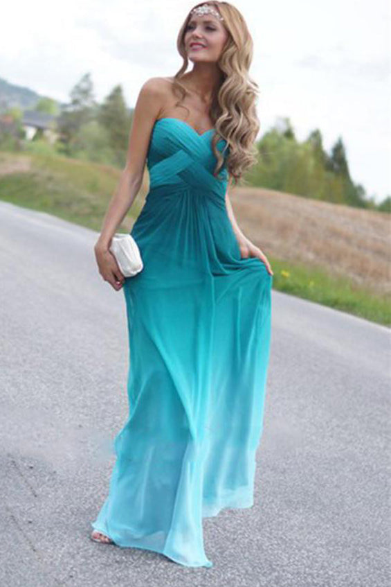 Green A-line Long Real Beauty Peacock Green Strapless Gradient Ombre Chiffon Prom Dresses PH339