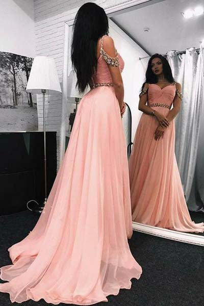 A Line Sweetheart Beads Off the Shoulder Long Chiffon Pink Prom Dresses UK PW369
