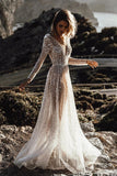 Sparkly See Through V Neck Long Sleeves Sequins Wedding Dresses N139