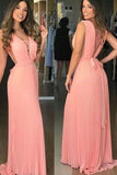 Elegant V-Neck Chiffon Coral Straps V-Neck Prom Dress with Belt Long Evening Dress P1212