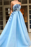 Unique A Line Blue Strapless Tulle Prom Dresses with Butterfly, Pockets Formal Dresses P1136
