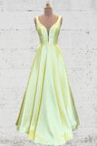 Unique A Line Yellow Satin Prom Dress with Pockets Formal Dress P1501