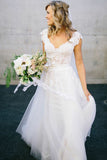 Elegant A-Line V Neck Cap Sleeves Tulle Appliques White Wedding Dresses with Lace PH713