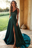 Simple Green Spaghetti Straps Satin Long Prom Dresses, Cheap Evening Dresses P1531