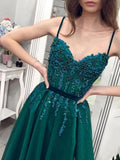 Charming A Line Green Tulle Spaghetti Straps Beading Prom Dress V-Neck Evening Dress P1395