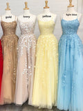 A Line Tulle Yellow Spaghetti Straps Prom Dress with Appliques P1505