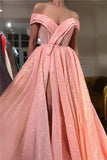 A Line Pink Sequins Off the Shoulder Prom Dresses with Split, V Neck Dance Dresses P1134