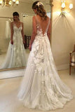 Elegant A-Line V-Neck Tulle Open Back Ivory Wedding Dresses UK with Lace Appliques PW114