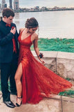 Sparkly V Neck A Line Red Spaghetti Straps Prom Dresses with Slit, Evening Dresses P1468