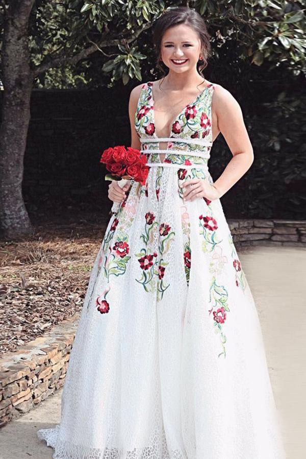 A Line Deep V Neck Ivory Lace Backless Embroidery Party Dresses, Printed Prom Dresses PW191