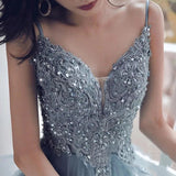 Spaghetti Straps Blue Gray Tulle V-Neck Long Ruffles Prom Dress with Lace Applique P1225