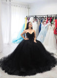 Sweetheart Tulle Ball Gown Black Formal Prom Dress Sleeveless Lace up Evening Dress P1254