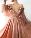 Stunning Long Sleeve Sexy Off the Shoulder Tulle Beading Prom Dress V-Neck Party Dress P1265