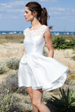A Line Round Neck Open Back Short Beach Wedding Dress with Lace Pockets W1122