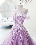 Ball Gown Off the Shoulder V Neck Tulle Lavender Beads Prom Dress Quinceanera Dress P1427