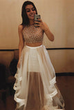 Sexy A-line Scoop Neck Tulle Beading Two Piece Halter Sleeveless Pink Prom Dresses uk PM635