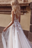Spaghetti Straps V-neck Tulle Long Wedding Dresses with Lace N066