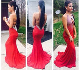 Red Halter Open Back Mermaid Sleeveless Sexy Backless Prom Dress
