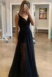 Sparkly Sequins A Line Black V-Neck Tulle Prom Dress Long Evening Dress P1549