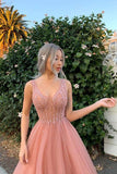 Elegant A Line Tulle Pink V-Neck Beads Prom Dresses Long Evening Dresses P1520