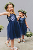Vintage Navy Blue Sequins Flower Girls Dresses, Short Tulle Birthday Girl Dresses FG1026