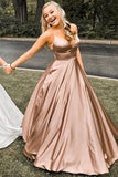 Simple A Line Rose Gold Spaghetti Straps V Neck Prom Dresses, Backless Long Dance Dress P1380