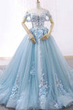 Princess Light Blue Sweetheart Tulle Appliques Off the Shoulder Ball Gown Prom Dresses uk PW126