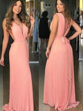 Elegant V Neck Chiffon Coral Straps V Neck Prom Dresses with Belt, Long Evening Dresses P1212