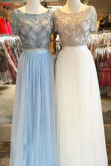 Tulle Scoop Neck A-line Floor-length with Beading Two Piece Short Sleeve Prom Dresses uk PM631