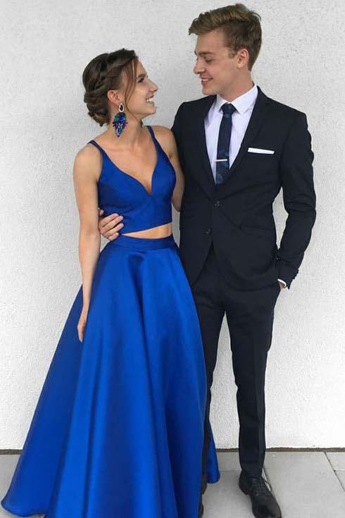 Sexy Royal Blue Two Piece Long Simple Satin Blue V-Neck Formal Evening Prom Dresses uk PM620