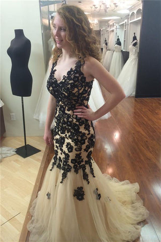 Black V-Neck Mermaid Tulle Lace Beads Sheer Back Long Applique Prom Dresses UK PH368