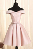 Simple A Line Off the Shoulder Pearl Pink Satin Short Homecoming Dresses uk with Lace PH923