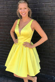A-Line V-Neck Short Cute Prom Dresses,Yellow Satin Homecoming Dresses PH710