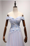 Sky Blue A-Line Off-the-Shoulder Floor-Length Tulle Prom Dresses uk with Appliques Lace PM955