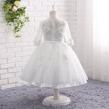 A Line Round Neck Half Sleeve Appliques Tulle Flower Girl Dresses With Pearls WH19821