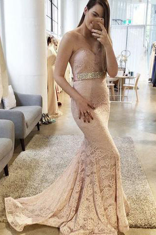 Gorgeous Blush Pink Lace Sexy Sweetheart Mermaid Charming Lace Prom Dress