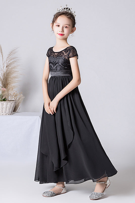 Chic A Line Black Short Sleeve Flower Girl Dress