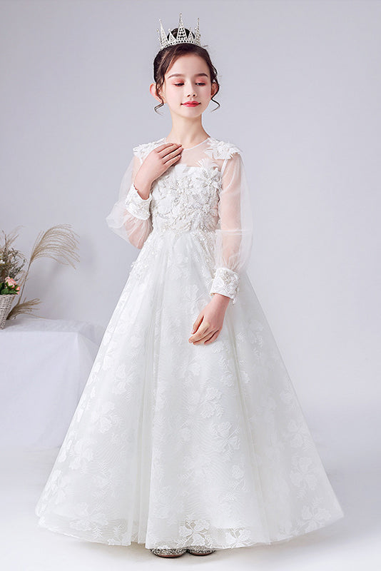 A Line White Long Sleeve Flower Girl Dress With Bow – PromDress.me.uk