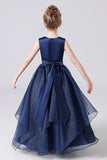 Navy Blue Stain Sleeveless Floor Length Flower Girl Dress