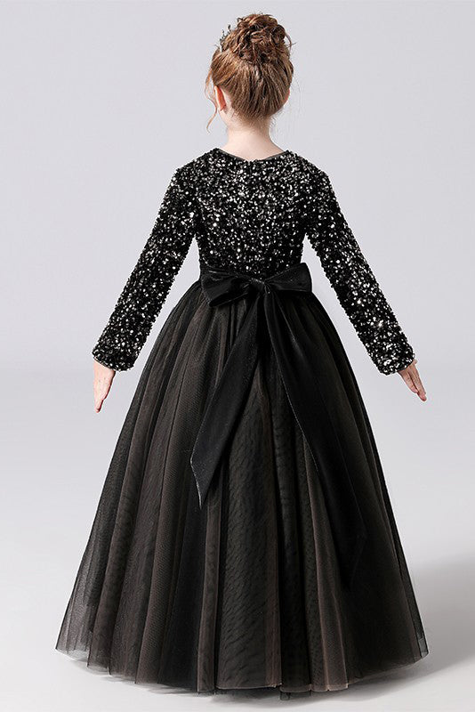 Black Tulle Long Sleeve Floor Length Flower Girl Dress With Sequins
