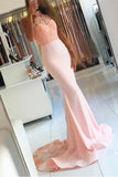 Pink Long Sexy Backless Mermaid Satin Sleeveless Lace High Neck Beads Prom Dresses UK PH393